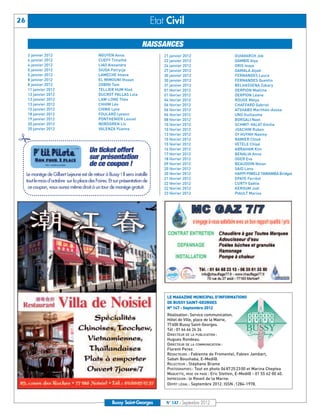 2 janvier 2012                           NGUYEN Anna                         21 janvier 2012                       GUIAVARCH Job
     4 janvier 2012                           CUEFF Timothé                       22 janvier 2012                       GAMBIE Alya
     4 janvier 2012                           LIAO Alexandre                      24 janvier 2012                       DRIS Inaya
     5 janvier 2012                           SIUDA Patrycja                      27 janvier 2012                       DAMALA Alyah
     5 janvier 2012                           LAMECHE Imane                       30 janvier 2012                       FERNANDES Laura
     8 janvier 2012                           EL MIMOUNI Ihssan                   30 janvier 2012                       FERNANDES Quentin
     8 janvier 2012                           ZOBIRI Tom                          31 janvier 2012                       BELHASSENA Zakary
     11 janvier 2012                          TELLIER HUM Kloé                    01 février 2012                       DERPION Maéline
     13 janvier 2012                          DUCROT PALLAS Lola                  01 février 2012                       DERPION Léane
     13 janvier 2012                          LAW-LONE Théo                       04 février 2012                       ROUGE Mélya
     13 janvier 2012                          CHHIM Léo                           06 février 2012                       CHAFFARD Gabriel
     15 janvier 2012                          CHING Lyne                          06 février 2012                       ATSHABO Marithée-Asosa
     18 janvier 2012                          FOULARD Lyvann                      06 février 2012                       UNG Guillaume
     19 janvier 2012                          PONTHENIER Leonel                   08 février 2012                       BORSALI Nael
     20 janvier 2012                          NORDGREN Liv                        10 février 2012                       SCHMIT-VALAT Emilie
     20 janvier 2012                          VALENZA Ylianna                     10 février 2012                       JOACHIM Ruben
                                                                                  13 février 2012                       SY HUYNH Naomy
                                                                                  15 février 2012                       RAMIER Chloé
                                                                              Etat Civil




                                                                                  15 février 2012                       VETELE Chloé
26




                                                                                  16 février 2012                       ABRAHAM Kim
                                                                                  17 février 2012                       BENALIA Anna
                                                                                  18 février 2012                       OGER Eva
                                                                                  09 février 2012                       BEAUDOIN Nolan
                                                                       NAISSANCES




                                                                                  20 février 2012                       SAID Lana
                                                                                  20 février 2012                       HAPPI PIWELE TAWAMBA Bridget
                                                                                  21 février 2012                       EPAYE Ferréol
                                                                                  22 février 2012                       CURTY Gaëlle
                                                                                  22 février 2012                       KEROUM Joël
                                                                                  23 février 2012                       PIAULT Marius
#
                                         Un ticket offert
                                         sur présentation
                                         de ce coupon !




                                                                                   LE MAGAZINE MUNICIPAL D’INFORMATIONS
                                                                                   DE BUSSY SAINT-GEORGES
     Le manège de Gilbert Lejeune est de retour à Bussy ! Il sera installé




                                                                                   N° 147 - Septembre 2012
     tout le mois d’octobre sur la place des Foires. Et sur présentation de




                                                                                   Réalisation: Service communication,
                                                                                   Hôtel de Ville, place de la Mairie,
      ce coupon, vous aurez même droit à un tour de manège gratuit.




                                                                                   77600 Bussy Saint-Georges.
                                                                                   Tél : 01 64 66 24 24
                                                                                   DIRECTEUR DE LA PUBLICATION :
                                                                                   Hugues Rondeau.
                                                                                   DIRECTEUR DE LA COMMUNICATION :
                                                                                   Florent Perez.
                                                                                   RÉDACTEURS : Fabienne de Fromentel, Fabien Jambart,
                                                                                   Sabah Boushaba, E-Medi@.
                                                                                   RELECTEUR : Stéphane Brame
                                                                                   PHOTOGRAPHES : Tout en photo 06 87 25 23 00 et Marina Cheptea
                                                                                   MAQUETTE, MISE EN PAGE : Eric Stetten, E-Medi@ - 01 55 62 00 40.
                                                                                   IMPRESSION : le Reveil de la Marne.
                                                                                   DÉPÔT LÉGAL : Septembre 2012. ISSN : 1284-1978.



                                                      Bussy Saint-Georges          N° 147 - Septembre 2012
 