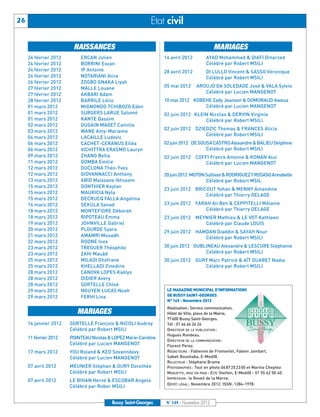 24 février 2012        ERCAN Julien                         14 avril 2012         AYAD Mohammed & DIAFI Dinarzed
     24 février 2012        BORRINI Esvan                                              Célébré par Robert MSILI
     24 février 2012        IP Antoine                           28 avril 2012         DI LULLO Vincent & SASSO Véronique
     24 février 2012        NOTARIANI Alice                                            Célébré par Robert MSILI
     26 février 2012        ZOGBO GNAKA Liyah
     27 février 2012        MALLE Louane                         05 mai 2012      AROUJO DA SOLEDADE José & VALA Sylvie
                                                                                     Célébré par Lucien MANGENOT
     27 février 2012        AKBARI Adam
     28 février 2012        BARRILE Lélio                        10 mai 2012 KOBEHE Zady Jeanson & DOMORAUD Awoua
     01 mars 2012           MIGNONDO TCHIBOZO Eden                               Célébré par Lucien MANGENOT
     01 mars 2012           SURGERS LARUE Salomé                 02 juin 2012 KLEIN Nicolas & DERVIN Virginie
     01 mars 2012           KANTE Qassim                                          Célébré par Robert MSILI
     02 mars 2012           DUGAIN MAGET Camille
                                                                 02 juin 2012 DZIEDZIC Thomas & FRANCES Alicia
     03 mars 2012           WANE Amy-Mariame
                                                                                  Célébré par Robert MSILI
     04 mars 2012           LACAILLE Ludovic
     06 mars 2012           CACHET-CERANUS Elléa                 02 juin 2012 DE SOUSA CASTRO Alexandre & BALIEU Delphine
     06 mars 2012           VICHITTRA ERASMO Lauryn                                 Célébré par Robert MSILI
     09 mars 2012           ZHANG Bella                          02 juin 2012 COFFI Franck Antoine & KONAN Alui
     11 mars 2012           GOMBA Emilie                                         Célébré par Lucien MANGENOT
     12 mars 2012           DUCLONA Théo-Yves
     12 mars 2012           GIOVANNACCI Anthony                  20 juin 2012 MOTON Sullivan & RODRIGUEZ Y ROSASO Annabelle
26                                                         Etat civil




     13 mars 2012           ABID Maïssane Ibtissem                                  Célébré par Robert MSIL
     15 mars 2012           GONTHIER Keylan
                                                                 23 juin 2012 BRICOUT Yohan & MENNY Amandine
     15 mars 2012           MAURICIA Nyla                                         Célébré par Thierry DELAGE
     15 mars 2012           DECRUCQ FALLA Angelina
                        NAISSANCES                                                         MARIAGES




     16 mars 2012           SEKULA Senad                         23 juin 2012 FARAH Ali Ben & CEPPITELLI Mélanie
     18 mars 2012           MONTEFIORE Déborah                                    Célébré par Thierry DELAGE
     18 mars 2012           RIPOTEAU Emma                        23 juin 2012 MEYNIER Mathieu & LE VOT Kathleen
     19 mars 2012           JOHNVILLE Gabriel                                    Célébré par Claude LOUIS
     20 mars 2012           PLOURDE Syara                        29 juin 2012 HAMDAN Diaddin & SAYAH Nour
     21 mars 2012           AMAMRI Mouadh                                        Célébré par Robert MSILI
     22 mars 2012           RODNE Ines
     23 mars 2012           TREGUER Théophile                    30 juin 2012 DUBLINEAU Alexandre & LESCURE Stéphanie
     23 mars 2012           ZAHI Mauâd                                            Célébré par Robert MSILI
     25 mars 2012           MILADI Ghofrane                      30 juin 2012 OURY Marc Patrick & AÏT OUARET Nadia
     25 mars 2012           KHELLADI Zinedine                                    Célébré par Robert MSILI
     28 mars 2012           CANOVA LOPES Kaëlys
     28 mars 2012           DIDIER Avery
     28 mars 2012           SORTELLE Chloé
     29 mars 2012           NGUYEN LUCAS Noah
     29 mars 2012           FERHI Lina
                                                                  LE MAGAZINE MUNICIPAL D’INFORMATIONS
                                                                  DE BUSSY SAINT-GEORGES




     14 janvier 2012   SORTELLE François & NICOLI Audrey
                                                                  N° 149 - Novembre 2012




                       Célébré par Robert MSILI
                                                                  Réalisation: Service communication,
                                                                  Hôtel de Ville, place de la Mairie,




     11 février 2012   POINTEAU Nicolas & LOPEZ Marie-Caroline
                                                                  77600 Bussy Saint-Georges.




                       Célébré par Lucien MANGENOT
                                                                  Tél : 01 64 66 24 24




     17 mars 2012      YOU Roland & KEO Sovanndavy
                                                                  DIRECTEUR DE LA PUBLICATION :




                       Célébré par Lucien MANGENOT
                                                                  Hugues Rondeau.
                                                                  DIRECTEUR DE LA COMMUNICATION :




     07 avril 2012     MEUNIER Stéphan & OURY Dorothée
                                                                  Florent Perez.




                       Célébré par Robert MSILI
                                                                  RÉDACTEURS : Fabienne de Fromentel, Fabien Jambart,




     07 avril 2012     LE BIHAN Hervé & ESCOBAR Angela
                                                                  Sabah Boushaba, E-Medi@.
                                                                  RELECTEUR : Stéphane Brame




                       Célébré par Rober MSILI
                                                                  PHOTOGRAPHES : Tout en photo 06 87 25 23 00 et Marina Cheptea
                                                                  MAQUETTE, MISE EN PAGE : Eric Stetten, E-Medi@ - 01 55 62 00 40.
                                                                  IMPRESSION : le Reveil de la Marne.
                                                                  DÉPÔT LÉGAL : Novembre 2012. ISSN : 1284-1978.
                          MARIAGES




                                          Bussy Saint-Georges     N° 149 - Novembre 2012
 