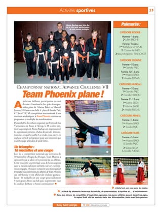 Activités sportives                                                                                    23


                                                             Bruno Bachap peut être fier
                                                             de la très belle performance
                                                                                                                           Palmarès :
                                                                 de ses jeunes protégés.
                                                                                                                          CATÉGORIE ROOKIE :
                                                                                                                            Homme -16 ans :
                                                                                                                            2e Julien BRICHE
                                                                                                                             Femme -16 ans :
                                                                                                                         1ère Kathelyne CHAPUIS
                                                                                                                           2e Clarisse AHMED
                                                                                                                    3e Jessy-Morganne TRANCHOT

                                                                                                                          CATÉGORIE CRÉATIVE
                                                                                                                            Femme –10 ans :
                                                                                                                            1ère Sandra PAJIC
                                                                                                                           Femme 10-13 ans :
                                                                                                                            1ère Marine BAKRI
                                                                                                                           2e Anaëlle PUISAIS

                                                                                                                         CATÉGORIE MUSICAL :
  CHAMPIONNAT NATIONAL ADVANCE CHALLENGE VII                                                                                Femme –10 ans :
                                                                                                                            1ère Sandra PAJIC

         Team Phoenix plane!
           près une brillante participation en mai
                                                                                                                           2e Camille HURION
                                                                                                                           Femme 11-13 ans :


A          dernier à Castelnau-le-Lez, grâce à une pre-
           mière place de Marine Bakri en Musical
Femme 9-10 ans et une belle 4e place de Sandra Pajic
                                                                                                                            1ère Justine SEGA
                                                                                                                            2e Marine BAKRI
                                                                                                                           3e Anaëlle PUISAIS
à l’Open FDC VI, compétition internationale d’arts
martiaux acrobatiques, le Team Phoenix continue sa                                                                        CATÉGORIE ARMES :
progression et multiplie les manifestations.                                                                                Femme –14 ans :
Durant la fête des enfants organisée par l’Amicale des                                                                      1ère Marine BAKRI
Vietnamiens de Bussy, à Herzog, le 28 octobre der-                                                                           2e Sandra PAJIC
nier, les protégés de Bruno Bachap ont impressionné
les spectateurs présents, ébahis devant des démons-                                                                        CATÉGORIE TEAM :
trations à couper le souffle. Ce rendez-vous a servi en
quelque sorte de préparation pour une rencontre que                                                                         Femme –16 ans :
toute l’équipe attendait de pied ferme.                                                                                     1ère Marine BAKRI
                                                                                                                             & Sandra PAJIC
Un triomphe :                                                                                                                2e Justine SEGA
16 médailles et une coupe                                                                                  å                & Anaëlle PUISAIS
Lors de la compétition nationale qui s’est tenue le
10 novembre à Magny-Le-Hongre, Team Phoenix a
démontré tout le talent et le potentiel de ses athlètes.
Cette rencontre se présentait sous de bons auspices
dans la mesure où l’année dernière, sur les 12 compé-
titeurs engagés, 10 avaient remporté une récompense !
Détendus mais déterminés, les athlètes de Team Phoenix
ont raflé la mise et ont affiché des résultats spectacu-
laires : 16 médailles et une coupe pour seulement
9 participants. Bravo au club qui a su porter très haut                                                    ç                                        é
les couleurs de Bussy et bonne continuation ! n
                                                                                                             å L’Aerial est une roue sans les mains.
                                                    ç Le Back flip nécessite beaucoup de tonicité, de concentration, d’équilibre et … d’entraînements.
                                               é Dans leur kimono de compétition d’inspiration japonaise, les jeunes athlètes posent devant les juges,
                                                                      le regard froid, afin de montrer toute leur détermination, juste avant les épreuves.


                                                   Bussy Saint-Georges           N° 150 - Décembre / Janvier
 