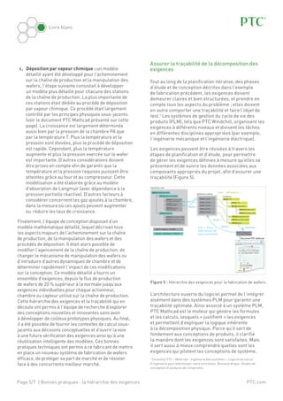 Page 5/7 | Bonnes pratiques : la hiérarchie des exigences
Livre blanc
PTC.com
c.	 Déposition par vapeur chimique : un modèle
détaillé ayant été développé pour l’acheminement
sur la chaîne de production et la manipulation des
wafers, l’étape suivante consistait à développer
un modèle plus détaillé pour chacune des stations
de la chaîne de production. La plus importante de
ces stations était dédiée au procédé de déposition
par vapeur chimique. Ce procédé était largement
contrôlé par les principes physiques sous-jacents
(voir le document PTC Mathcad présenté sur cette
page). La croissance est largement déterminée
aussi bien par la pression de la chambre PA que
par la température T. Plus la température et la
pression sont élevées, plus le procédé de déposition
est rapide. Cependant, plus la température
augmente et plus la pression exercée sur le wafer
est importante. D’autres considérations doivent
être prises en compte afin de garantir que la
température et la pression requises puissent être
atteintes grâce au four et au compresseur. Cette
modélisation a été élaborée grâce au modèle
d’absorption de Langmuir (avec dépendance à la
pression partielle réactive). D’autres facteurs à
considérer concernent les gaz ajoutés à la chambre,
dans la mesure où ces ajouts peuvent augmenter
ou  réduire les taux de croissance.
Finalement, l’équipe de conception disposait d’un
modèle mathématique détaillé, lequel décrivait tous
les aspects majeurs de l’acheminement sur la chaîne
de production, de la manipulation des wafers et des
procédés de déposition. Il était alors possible de
modifier l’agencement de la chaîne de production, de
changer le mécanisme de manipulation des wafers ou
d’introduire d’autres dynamiques de chambre et de
déterminer rapidement l’impact de ces modifications
sur la conception. Ce modèle détaillé a fourni un
ensemble d’exigences, depuis le flux de production
de wafers de 20 % supérieur à la normale jusqu’aux
exigences individuelles pour chaque actionneur,
chambre ou capteur utilisé sur la chaîne de production.
Cette hiérarchie des exigences et la traçabilité qui en
découle ont permis à l’équipe de recherche d’explorer
des conceptions nouvelles et innovantes sans avoir
à développer de coûteux prototypes physiques. Au final,
il a été possible de fournir les contextes de calcul sous-
jacents aux décisions conceptuelles et d’ouvrir la voie
à une future vérification des exigences ainsi qu’à une
réutilisation intelligente des modèles. Ces bonnes
pratiques techniques ont permis à ce fabricant de mettre
en place un nouveau système de fabrication de wafers
efficace, de protéger sa part de marché et de résister
face à des concurrents meilleur marché.
Assurer la traçabilité de la décomposition des
exigences
Tout au long de la planification itérative, des phases
d’étude et de conception décrites dans l’exemple
de fabrication précédent, les exigences doivent
demeurer claires et bien structurées, et prendre en
compte tous les aspects du problème ; elles doivent
en outre comporter une traçabilité et faire l’objet de
test.1
Les systèmes de gestion du cycle de vie des
produits (PLM), tels que PTC Windchill, organisent les
exigences à différents niveaux et divisent les tâches
en différentes disciplines appropriées (par exemple,
l’ingénierie mécanique et l’ingénierie électrique).
Les exigences peuvent être révisées à travers les
étapes de planification et d’étude, pour permettre
de gérer les exigences définies à mesure qu’elles se
présentent et de suivre les données associées aux
composants appropriés du projet, afin d’assurer une
traçabilité (Figure 5).
SPÉC002 Besoins marketing
PIÈCE01 VTT
PIÈCE01 VTT
PIÈCE02 Transmission
PIÈCE09 Dérailleur avant
PIÈCE010 Dérailleur arrière
PIÈCE03 Suspension avant
PIÈCE04 Amortisseur arrière
PIÈCE05 Essieu
EXIG013 Exigence de
la conception détaillée
« Détermination »
« Dérivation »
Spécification système
Architecture
Spécification client
Objet d'« Exigence » Windchill
Objet de « Spécification » Windchill
Lien « Trace »
(Dérivations de
type paramétré)
Lien « Allocation »
Document PTC Mathcad
« Dérivation »
« Allocation »
SPÉC003 Options
SPÉC001 Improve mud
& water performance
SPÉC002 Improve
downhill control
SPÉC003 Improve
ride experience
EXIG015 Sys005
EXIG011 Sys001
EXIG012 Sys002
EXIG013 Sys003
EXIG014 Sys004
SPÉC001 Spécifications client
SPÉC004 Amortisseur arrière
SPÉC004 Suspensions avant
SPÉC004 Finition cadre
Figure 5 : Hiérarchie des exigences pour la fabrication de wafers.
L’architecture ouverte du logiciel permet de l’intégrer
aisément dans des systèmes PLM pour garantir une
traçabilité optimale. Ainsi associé à un système PLM,
PTC Mathcad est le moteur qui génère les formules
et les calculs, lesquels « justifient » les exigences
et permettent d’expliquer la logique inhérente
à la décomposition physique. Parce qu’il sert de
fondement aux conceptions de produits, il clarifie
la manière dont les exigences sont satisfaites. Mais
il sert aussi à mieux comprendre quelles sont les
exigences qui pilotent les conceptions de système,
1
Consultez PTC – Mathcad – Ingénierie des systèmes – Logiciel de calcul
d’ingénierie pour télécharger notre livre blanc, Bonne pratique : études de
conception et analyses de compromis
 
