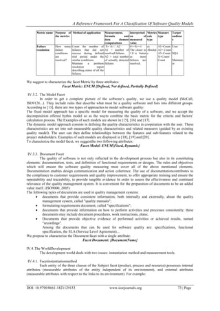 A Reference Framework For A Classification Of Software Quality Models
DOI: 10.9790/0661-1821129153 www.iosrjournals.org 73 | Page
Metric name Purpose of
the metrics
Method of application Measurement,
formula and
data element
computations
Interpretati
on of
measured
value
Metrics
cale
type
Measure
type
Target
audienc
e
Failure
resolution
How many
failure
conditions
are
resolved?
Count the number of
failures that did not
reoccur during defined
trial period under the
similar conditions.
Maintain a problem
resolution report
describing status of all the
failures.
X= A1 / A2
A1 = number of
resolved failures
A2 = total number
of actually detected
failures
0<=X<=1
The closer to
1.0 is better
as more
failures are
resolved.
a)
Absolut
e
A1=Count
A2= Count
A3=Count
X=Count/
Count
User
SQA
Maintain
er
We suggest to characterize the facet Metric by three attributes:
Facet Metric: ENUM {Defined, Not defined, Partially Defined}
IV.3.2. The Model Facet
In order to get a complete picture of the software’s quality, we use a quality model (McCall,
ISO9126...). They include rules that describe what must be a quality software and lists into different groups.
According to [13], there are two types of approaches to model software quality:
The fixed model approach has a specific model for measuring the quality of a software, and we accept the
decomposition offered bythis model so as the wayto combine the basic metric for the criteria and factors’
calculation process. The Examples of such models are shown in [15], [16] and [17].
The dynamic model approach consists in defining the quality characteristics in cooperation with the user. These
characteristics are set into sub measurable quality characteristics and related measures (guided by an existing
quality model). The user can then define relationships between the features and sub-features related to the
project stakeholders. Examples of such models are displayed in [18], [19] and [20].
To characterize the model facet, we suggestthe two following attributes:
Facet Model: ENUM{Fixed, Dynamic}
IV.3.3. Document Facet
The quality of software is not only reflected in the development process but also in its constituting
elements: documentation, tests, and definition of functional requirements or designs. The rules and objectives
which will ensure the software quality measuring must cover all of the above mentioned elements.
Documentation enables design communication and action coherence. The use of documentationcontributes to
the compliance to customer requirements and quality improvement, to offer appropriate training and ensure the
repeatability and traceability, to provide tangible evidence In order to assess the effectiveness and continued
relevance of the quality management system. It is convenient for the preparation of documents to be an added
value itself. (ISO9000, 2005)
The following types of documents are used in quality management systems:
 documents that provide consistent information, both internally and externally, about the quality
management system, called "quality manuals";
 formulating requirements document, called "specifications";
 documents that provide information on how to perform activities and processes consistently; these
documents may include document procedures, work instructions, plans;
 Documents that provide objective evidence of performed activities or achieved results, named
"recordings".
Among the documents that can be used for software quality are: specifications, functional
specification, the SLA (Service Level Agreement)...
We propose to characterize the Document facet with a single attribute:
Facet Document: {DocumentName}
IV.4.The WorldDevelopment
The development world deals with two issues: instantiation method and measurement tools.
IV.4.1. Facetinstantiationmethod
Each entity of the three classes of the Subject facet (product, process and resource) possesses internal
attributes (measurable attributes of the entity independent of its environment), and external attributes
(measurable attributes with respect to the links to its environment). For example:
 