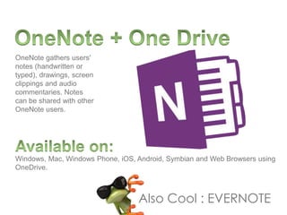 Windows, Mac, Windows Phone, iOS, Android, Symbian and Web Browsers using
OneDrive.
OneNote gathers users'
notes (handwritten or
typed), drawings, screen
clippings and audio
commentaries. Notes
can be shared with other
OneNote users.
Also Cool : EVERNOTE
 