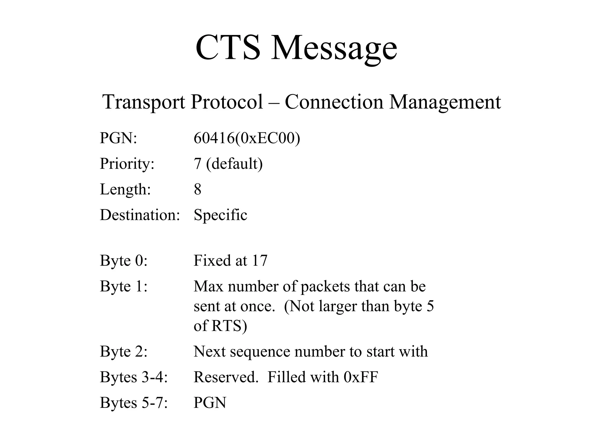 CTS Message PGN Bytes 5-7: Reserved.  Filled with 0xFF Bytes 3-4: Next sequence number to start with Byte 2: Max number of packets that can be sent at once.  (Not larger than byte 5 of RTS) Byte 1: Fixed at 17 Byte 0: Specific Destination: 8 Length: 7 (default) Priority: 60416(0xEC00) PGN: Transport Protocol – Connection Management 