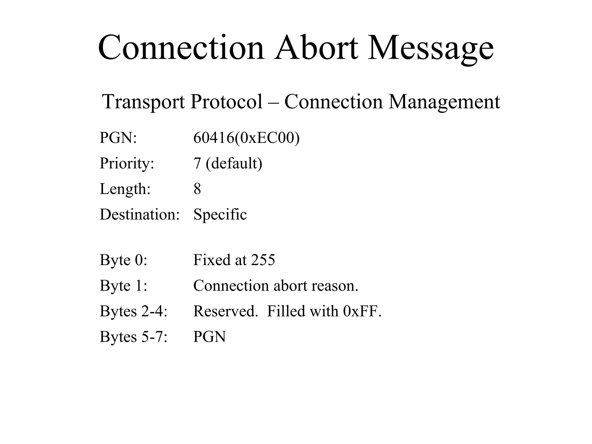 Connection Abort Message PGN Bytes 5-7: Reserved.  Filled with 0xFF. Bytes 2-4: Connection abort reason. Byte 1: Fixed at 255 Byte 0: Specific Destination: 8 Length: 7 (default) Priority: 60416(0xEC00) PGN: Transport Protocol – Connection Management 
