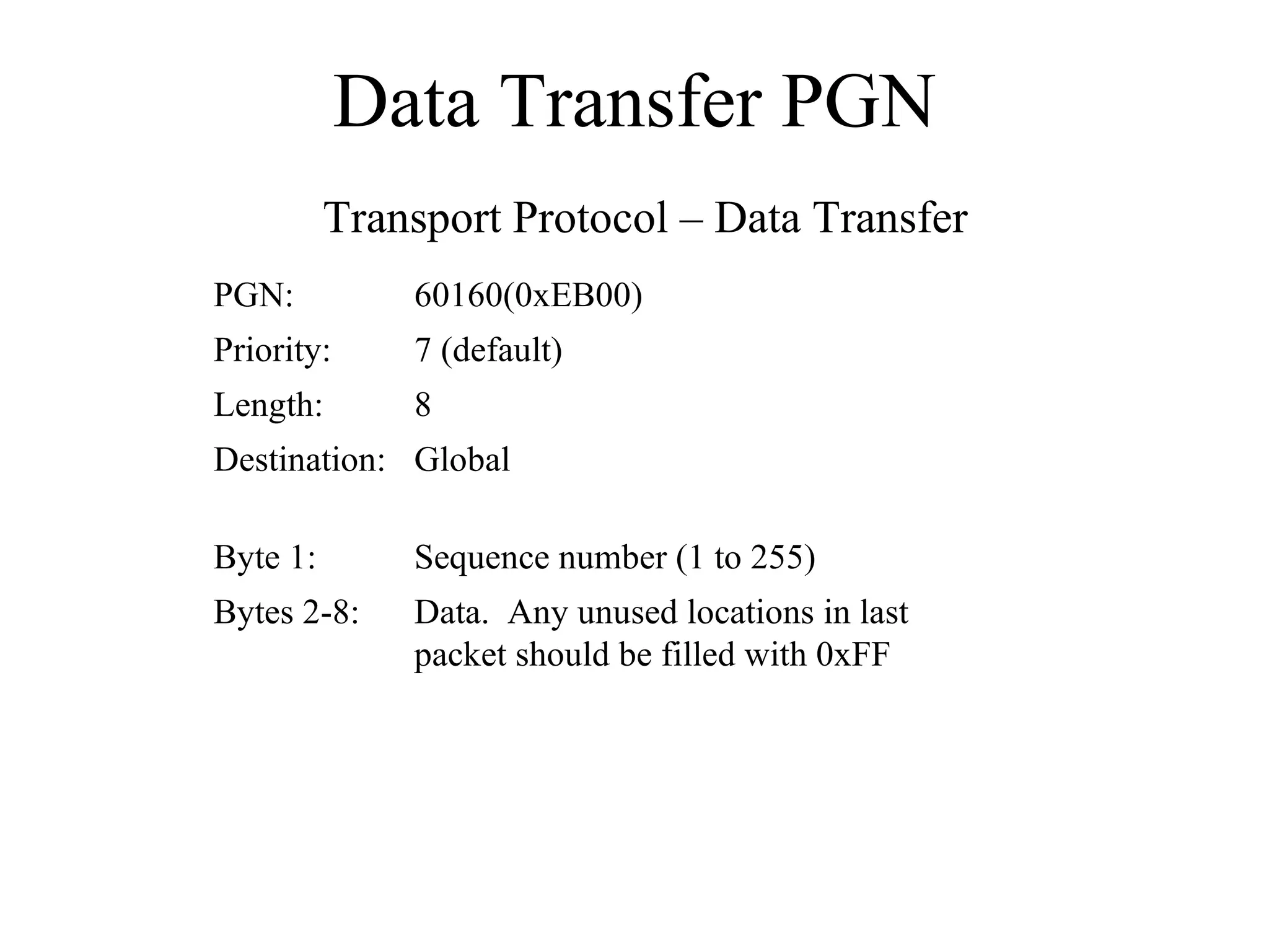 Data Transfer PGN Data.  Any unused locations in last packet should be filled with 0xFF Bytes 2-8: Sequence number (1 to 255) Byte 1: Global Destination: 8 Length: 7 (default) Priority: 60160(0xEB00) PGN: Transport Protocol – Data Transfer 