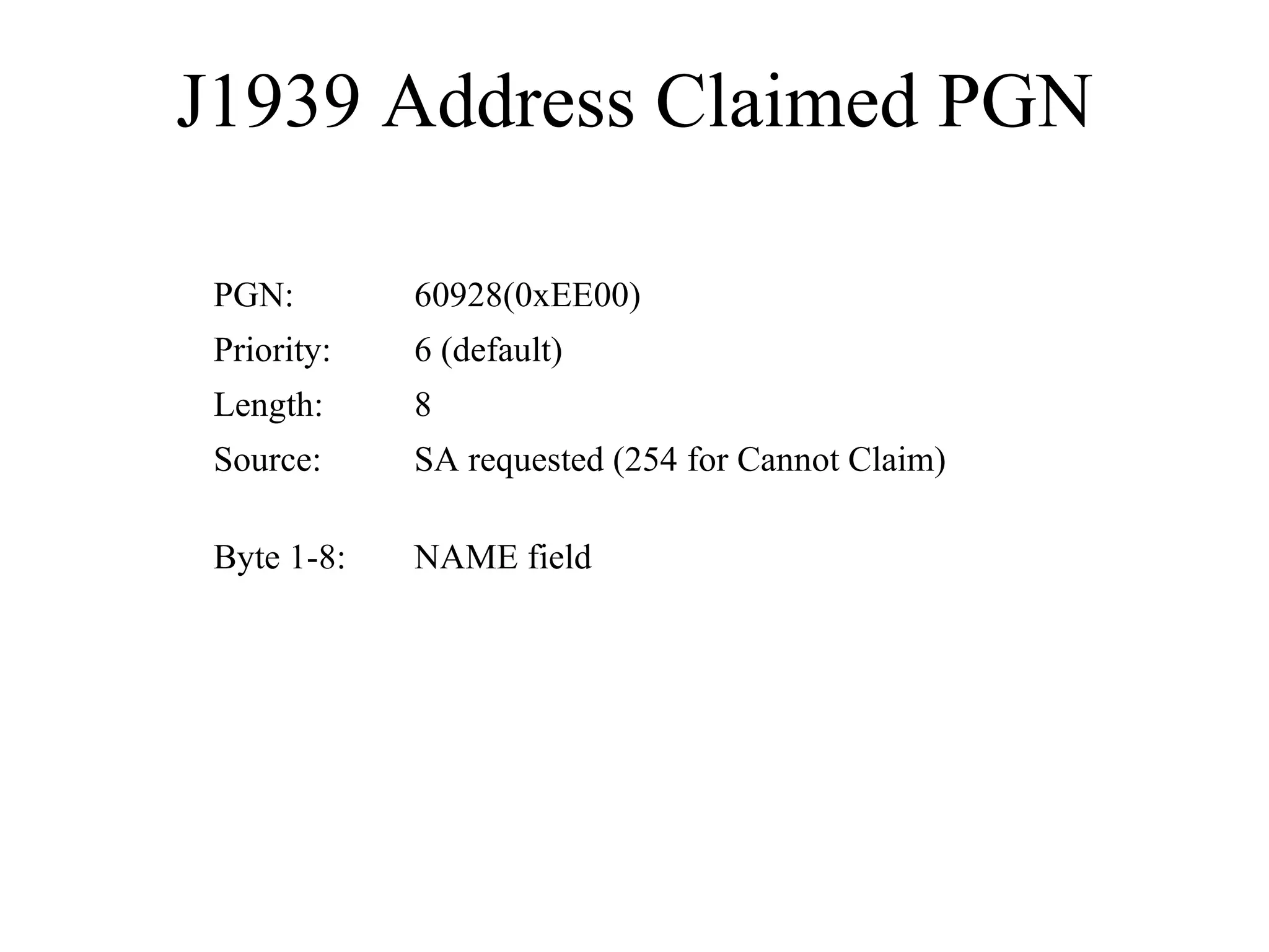 J1939 Address Claimed PGN NAME field Byte 1-8: SA requested (254 for Cannot Claim) Source: 8 Length: 6 (default) Priority: 60928(0xEE00) PGN: 