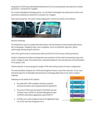 Integration of J1939 stack with Android Infotainment for ECU communication and collection of vehicle
parameters | US based Tier-I Supplier
As a trusted embedded technology partner, we at Embitel Technologies have delivered an end-to-end
automotive infotainment solution for a US based Tier-I Supplier.
Now under production, this system will be deployed for commercial vehicles across Mexico.
Business Challenge:
The infotainment system is loaded with information- and entertainment-related multimedia features
like virtual gauges, navigation maps, voice recognition, access to media files, app-store, phone
call/message syncing using BT and more.
Hence this system needs to communicate with several ECUs to fetch various vehicle parameters.
Embitel’s infotainment software development team needed an off-the-shelf communication layer that
can be configured easily. This would ensure reduced development time and add value to the bottomline
of the project costs.
Embitel Solution: in-house designed reusable J1939 stack with provisions for faster configuration
The team decided to integrate the J1939 stack designed in-house to save time and costs. So our cross-
functional expertise in Embedded and Automotive technology added value to our client’s product
roadmap.
Following are the details of the solution:
∑ Re-usable SAE J1939-complaint stack best suited for
commercial vehicles was integrated with the Android OS
∑ The ported J1939 stack consisted of J1939 Data Link and
Transport Layer (J193921), Network Management layer
(J1939/81) and Vehicle Application Layer(J1939/71)
∑ 50 PGNs were easily configured only in the Application layer,
rest of the stack was integrated as it is
 