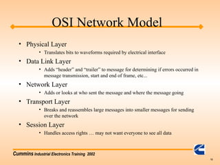 Cummins Industrial Electronics Training 2002
13
• Physical Layer
• Translates bits to waveforms required by electrical interface
• Data Link Layer
• Adds “header” and “trailer” to message for determining if errors occurred in
message transmission, start and end of frame, etc...
• Network Layer
• Adds or looks at who sent the message and where the message going
• Transport Layer
• Breaks and reassembles large messages into smaller messages for sending
over the network
• Session Layer
• Handles access rights … may not want everyone to see all data
OSI Network Model
 