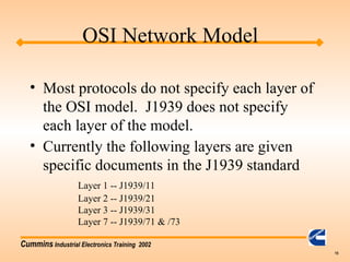 Cummins Industrial Electronics Training 2002
15
• Most protocols do not specify each layer of
the OSI model. J1939 does not specify
each layer of the model.
• Currently the following layers are given
specific documents in the J1939 standard
Layer 1 -- J1939/11
Layer 2 -- J1939/21
Layer 3 -- J1939/31
Layer 7 -- J1939/71 & /73
OSI Network Model
 