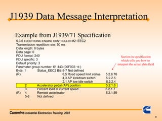 Cummins Industrial Electronics Training 2002
38
5.3.6 ELECTRONIC ENGINE CONTROLLER #2: EEC2
Transmission repetition rate: 50 ms
Data length: 8 bytes
Data page: 0
PDU format: 240
PDU specific: 3
Default priority: 3
Parameter group number: 61,443 (00F003 16 )
Byte: 1 Status_EEC2 Bit: 8-7 Not defined
(R) 6,5 Road speed limit status 5.2.6.76
4,3 AP kickdown switch 5.2.2.5
2,1 AP low idle switch 5.2.2.4
2 Accelerator pedal (AP) position 5.2.1.8
3 Percent load at current speed 5.2.1.7
(R) 4 Remote accelerator 5.2.1.59
5-8 Not defined
Example from J1939/71 Specification
Section in specification
which tells you how to
interpret the actual data field
J1939 Data Message Interpretation
 