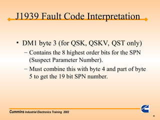 Cummins Industrial Electronics Training 2002
48
• DM1 byte 3 (for QSK, QSKV, QST only)
– Contains the 8 highest order bits for the SPN
(Suspect Parameter Number).
– Must combine this with byte 4 and part of byte
5 to get the 19 bit SPN number.
J1939 Fault Code Interpretation
 
