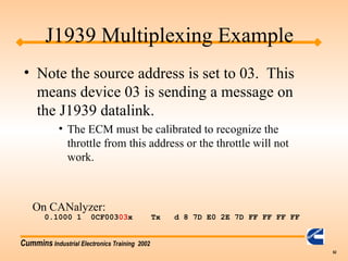 Cummins Industrial Electronics Training 2002
62
J1939 Multiplexing Example
• Note the source address is set to 03. This
means device 03 is sending a message on
the J1939 datalink.
• The ECM must be calibrated to recognize the
throttle from this address or the throttle will not
work.
0.1000 1 0CF00303x Tx d 8 7D E0 2E 7D FF FF FF FF
On CANalyzer:
 