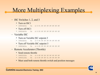 Cummins Industrial Electronics Training 2002
66
More Multiplexing Examples
– ISC Switches 1, 2, and 3
• Turn on ISC1
• 18FDCA20x Tx d 8 F1 FF FF FF FF FF FF FF
• Turn off ISC1
• 18FDCA20x Tx d 8 F0 FF FF FF FF FF FF FF
– Variable ISC
• Turn on Variable ISC setpoint 3
• 18FDCA20x Tx d 8 F6 FF FF FF FF FF FF FF
• Turn off Variable ISC setpoint 3
• 18FDCA20x Tx d 8 F0 FF FF FF FF FF FF FF
– Remote Accelerator (Throttle)
• Send remote throttle
• 18F00320x Tx d 8 FF FF FF 0F FF FF FF FF
• 18F00120x Tx d 8 FF FF FF 01 FF FF FF FF
• Must send both remote throttle switch and position messages
 