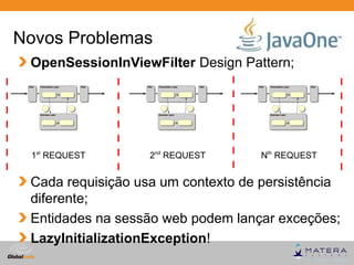 Novos Problemas
 OpenSessionInViewFilter Design Pattern;




 1st REQUEST       2nd REQUEST      Nth REQUEST


 Cada requi...