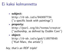 Ei kaksi kolmannetta 
▶ subject: 
http://d-nb.info/940697734 
(“a specific book with paintings”) 
▶ property: 
http://purl.org/dc/terms/creator 
(“authorship, as defined by Dublin Core”) 
▶ object: 
http://d-nb.info/gnd/118578545 
(“Karl Marx, the artists”) 
hey, that’s an RDF triple! 
 