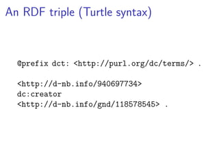 An RDF triple (Turtle syntax) 
@prefix dct: <http://purl.org/dc/terms/> . 
<http://d-nb.info/940697734> 
dc:creator 
<http://d-nb.info/gnd/118578545> . 
 