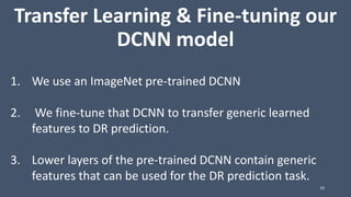 1. We use an ImageNet pre-trained DCNN
2. We fine-tune that DCNN to transfer generic learned
features to DR prediction.
3. Lower layers of the pre-trained DCNN contain generic
features that can be used for the DR prediction task.
Transfer Learning & Fine-tuning our
DCNN model
19
 