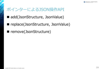 ポインターによるJSON操作API
 add(JsonStructure, JsonValue)
 replace(JsonStructure, JsonValue)
 remove(JsonStructure)
28Copyright&copy; 2015 Growth xPartners, Inc. All rights reserved.
 