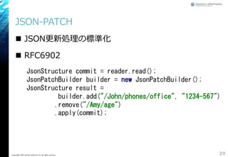 JSON-PATCH
 JSON更新処理の標準化
 RFC6902
29Copyright&copy; 2015 Growth xPartners, Inc. All rights reserved.
JsonStructure commit = reader.read();
JsonPatchBuilder builder = new JsonPatchBuilder();
JsonStructure result =
builder.add("/John/phones/office", "1234-567")
.remove("/Amy/age")
.apply(commit);
 
