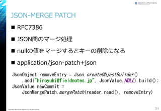 JSON-MERGE PATCH
 RFC7386
 JSON間のマージ処理
 nullの値をマージするとキーの削除になる
 application/json-patch+json
31Copyright&copy; 2015 Growth xPartners, Inc. All rights reserved.
JsonObject removeEntry = Json.createObjectBuilder()
.add("hiroyuki@fieldnotes.jp", JsonValue.NULL).build();
JsonValue newCommit =
JsonMergePatch.mergePatch(reader.read(), removeEntry)
 
