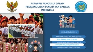 PERANAN PANCASILA DALAM
PEMBANGUNAN PENDIDIKAN BANGSA
INDONESIA
ANNIDA NAUFALLINA (NPP.29.0447)
AZIZ JAKARIA (NPP.29.0634)
BUNGA FATA FAIZA (NPP.29.0875)
CHANDRA TRISATIO (NPP.29.0013)
DAFFA AL-HAQUE (NPP.29.0393)
KELAS J1 KELOMPOK 1
 