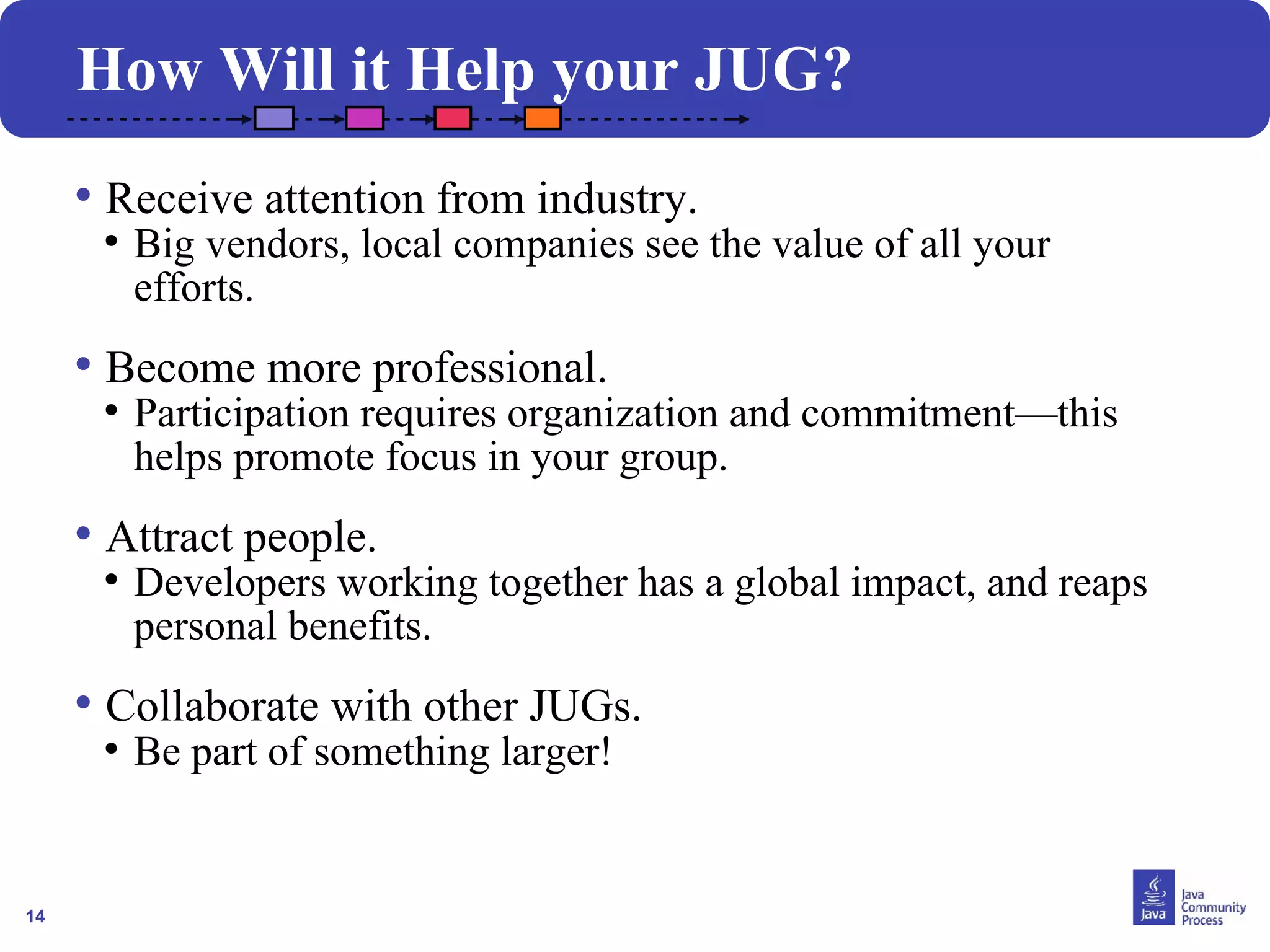14
How Will it Help your JUG?
• Receive attention from industry.
●
Big vendors, local companies see the value of all your
efforts.
• Become more professional.
●
Participation requires organization and commitment—this
helps promote focus in your group.
• Attract people.
●
Developers working together has a global impact, and reaps
personal benefits.
• Collaborate with other JUGs.
●
Be part of something larger!
 