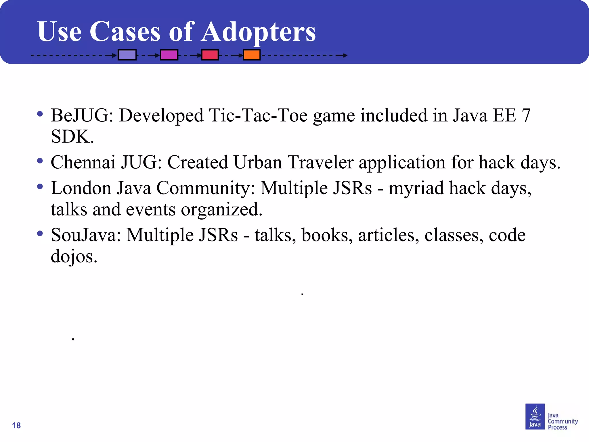 18
• BeJUG: Developed Tic-Tac-Toe game included in Java EE 7
SDK.
• Chennai JUG: Created Urban Traveler application for hack days.
• London Java Community: Multiple JSRs - myriad hack days,
talks and events organized.
• SouJava: Multiple JSRs - talks, books, articles, classes, code
dojos.
.
Use Cases of Adopters
.
 