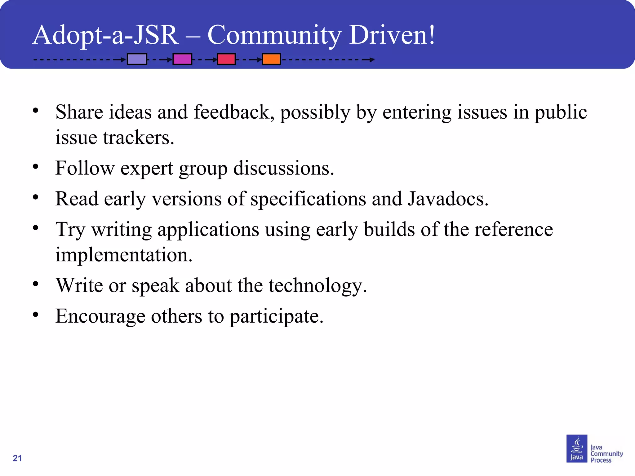 21
Adopt-a-JSR – Community Driven!
• Share ideas and feedback, possibly by entering issues in public
issue trackers.
• Follow expert group discussions.
• Read early versions of specifications and Javadocs.
• Try writing applications using early builds of the reference
implementation.
• Write or speak about the technology.
• Encourage others to participate.
 