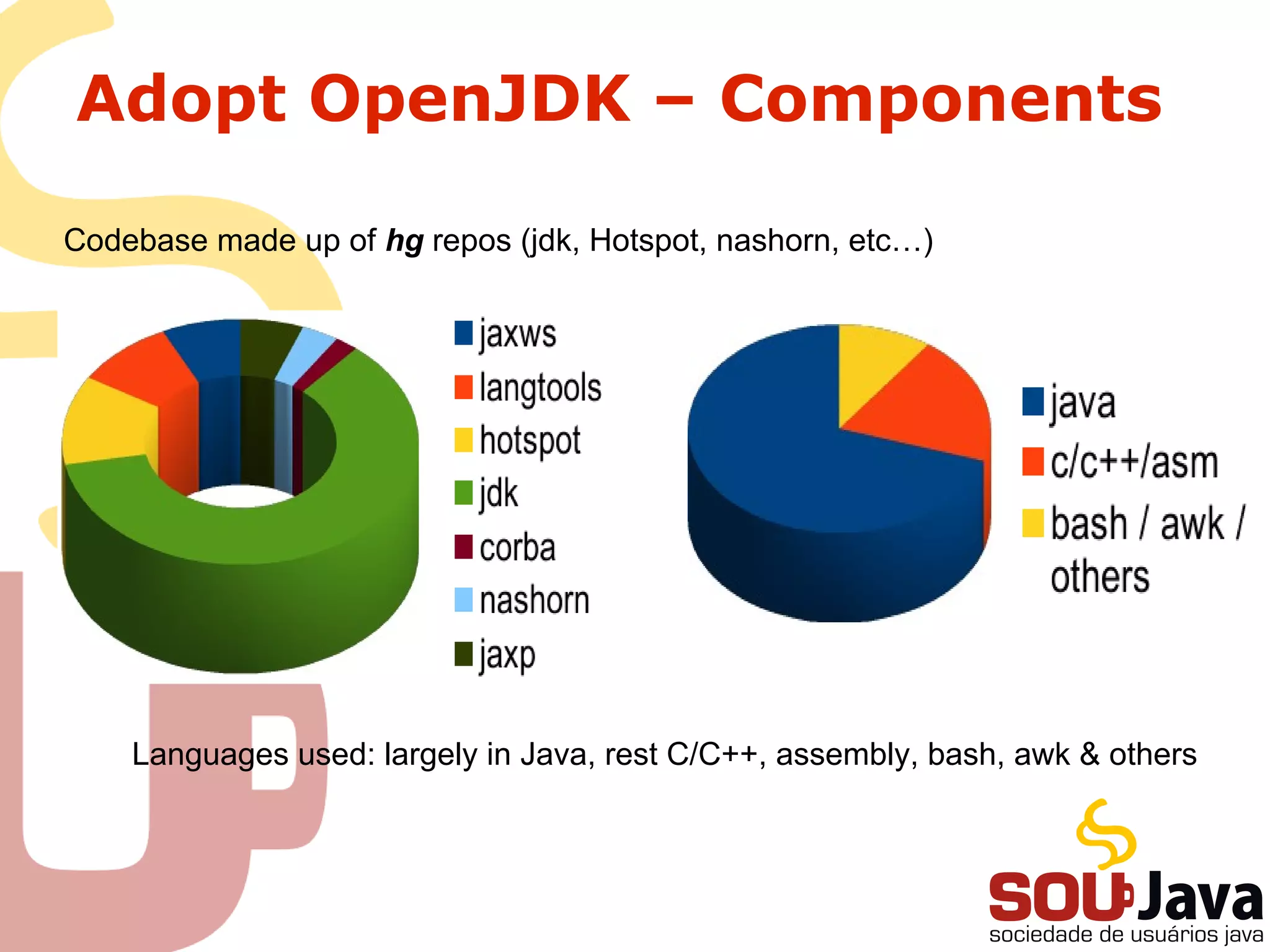 Adopt OpenJDK – Components
Codebase made up of hg repos (jdk, Hotspot, nashorn, etc…)
Languages used: largely in Java, rest C/C++, assembly, bash, awk & others
 
