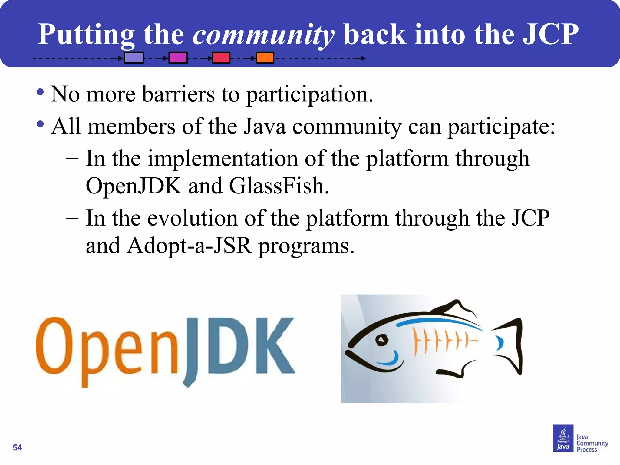 54
Putting the community back into the JCP
• No more barriers to participation.
• All members of the Java community can participate:
– In the implementation of the platform through
OpenJDK and GlassFish.
– In the evolution of the platform through the JCP
and Adopt-a-JSR programs.
 