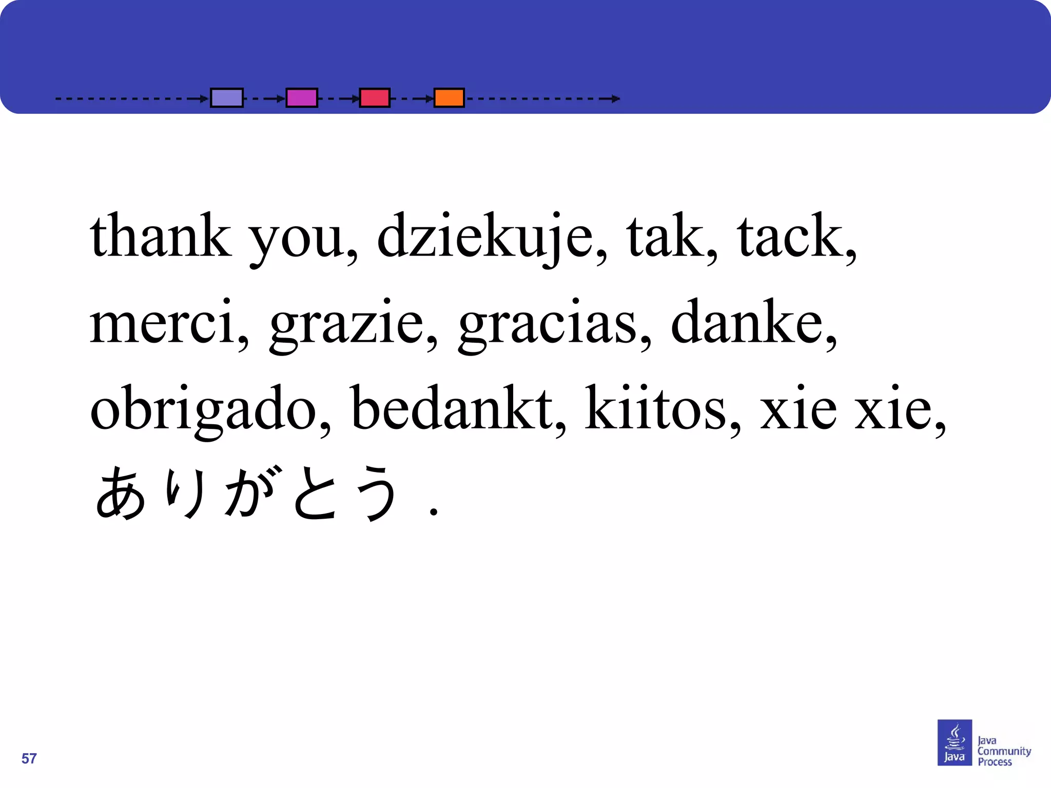 57
thank you, dziekuje, tak, tack,
merci, grazie, gracias, danke,
obrigado, bedankt, kiitos, xie xie,
ありがとう .
 