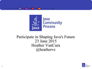 1
Participate in Shaping Java's Future
23 June 2015
Heather VanCura
@heathervc
 