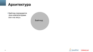 10
Архитектура
Байткод
§ Байткод порождается
Java компиляторами
или «на лету».
 