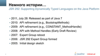 3
Немного истории…
§  2011, July 28: Released as part of Java 7
§  2010: API refinement (e.g., BootstrapMethods)
§  2009: API refinement (e.g., CONSTANT_MethodHandle)
§  2008: API with Method Handles (Early Draft Review)
§  2007: Expert Group reboot
§  2006: JSR 292 Expert Group formed
§  2005: Initial design sketch
JSR 292: Supporting Dynamically Typed Languages on the Java Platform
 