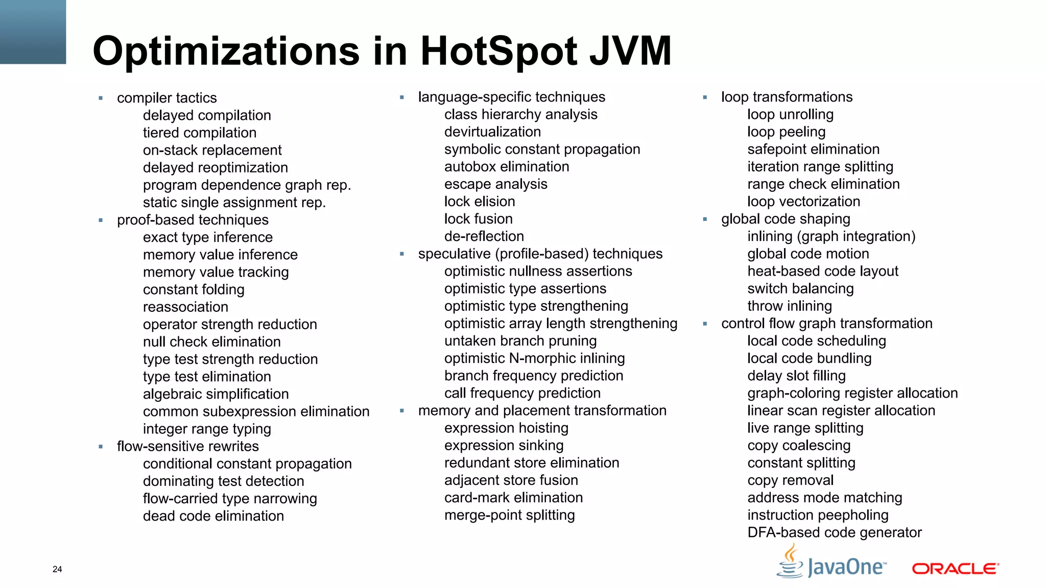 24
Optimizations in HotSpot JVM
§  compiler tactics
delayed compilation
tiered compilation
on-stack replacement
delayed reoptimization
program dependence graph rep.
static single assignment rep.
§  proof-based techniques
exact type inference
memory value inference
memory value tracking
constant folding
reassociation
operator strength reduction
null check elimination
type test strength reduction
type test elimination
algebraic simplification
common subexpression elimination
integer range typing
§  flow-sensitive rewrites
conditional constant propagation
dominating test detection
flow-carried type narrowing
dead code elimination
§  language-specific techniques
class hierarchy analysis
devirtualization
symbolic constant propagation
autobox elimination
escape analysis
lock elision
lock fusion
de-reflection
§  speculative (profile-based) techniques
optimistic nullness assertions
optimistic type assertions
optimistic type strengthening
optimistic array length strengthening
untaken branch pruning
optimistic N-morphic inlining
branch frequency prediction
call frequency prediction
§  memory and placement transformation
expression hoisting
expression sinking
redundant store elimination
adjacent store fusion
card-mark elimination
merge-point splitting
§  loop transformations
loop unrolling
loop peeling
safepoint elimination
iteration range splitting
range check elimination
loop vectorization
§  global code shaping
inlining (graph integration)
global code motion
heat-based code layout
switch balancing
throw inlining
§  control flow graph transformation
local code scheduling
local code bundling
delay slot filling
graph-coloring register allocation
linear scan register allocation
live range splitting
copy coalescing
constant splitting
copy removal
address mode matching
instruction peepholing
DFA-based code generator
 