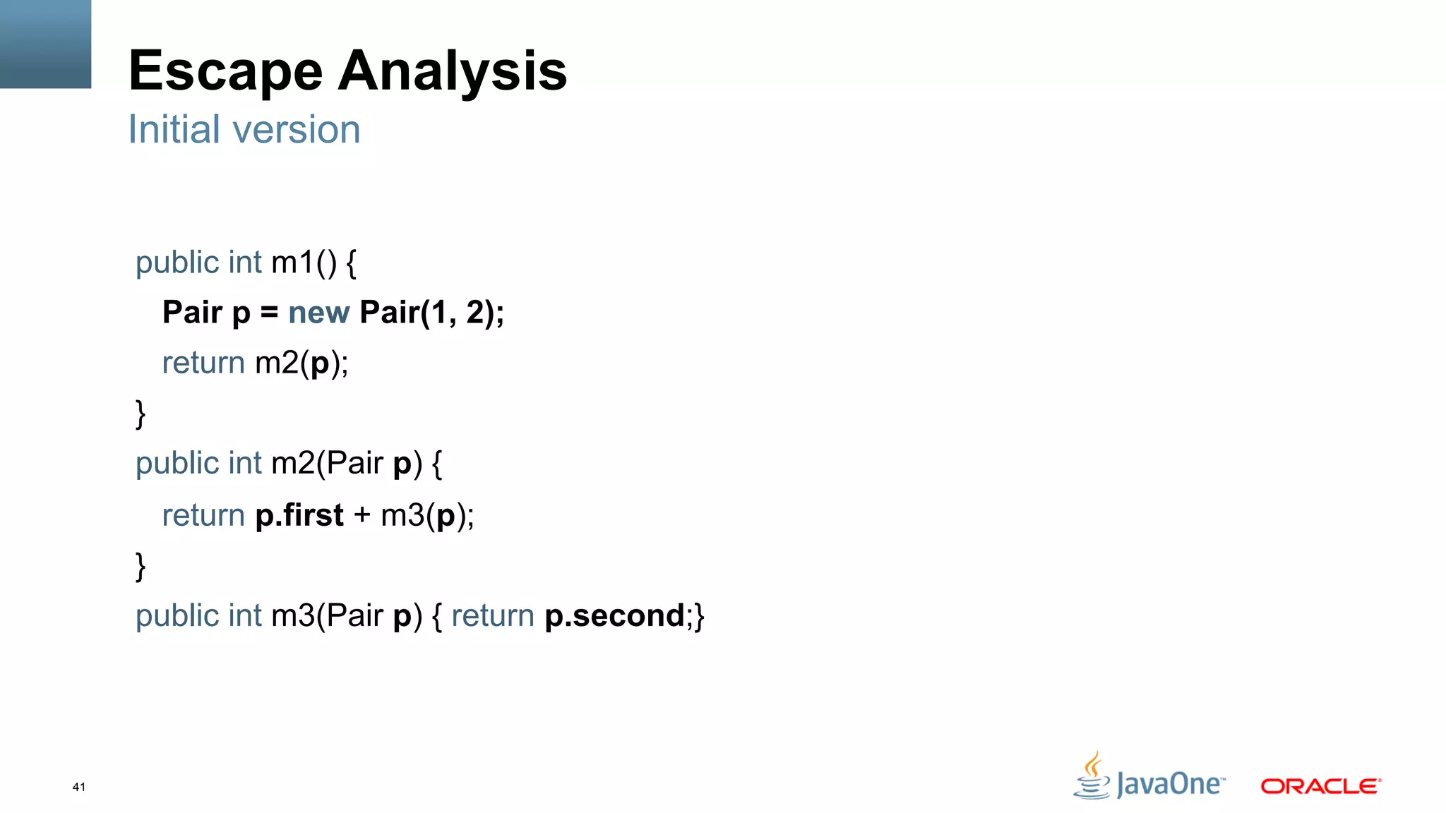 41
Escape Analysis
public int m1() {
Pair p = new Pair(1, 2);
return m2(p);
}
public int m2(Pair p) {
return p.first + m3(p);
}
public int m3(Pair p) { return p.second;}
Initial version
 