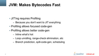 11
JVM: Makes Bytecodes Fast
§  JIT'ing requires Profiling
–  Because you don't want to JIT everything
§  Profiling allows focused code-gen
§  Profiling allows better code-gen
–  Inline what’s hot
–  Loop unrolling, range-check elimination, etc
–  Branch prediction, spill-code-gen, scheduling
 