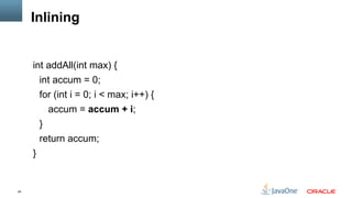 29
Inlining
int addAll(int max) {
int accum = 0;
for (int i = 0; i < max; i++) {
accum = accum + i;
}
return accum;
}
 