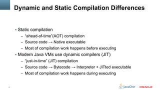 4
Dynamic and Static Compilation Differences
§  Static compilation
–  “ahead-of-time”(AOT) compilation
–  Source code → Native executable
–  Most of compilation work happens before executing
§  Modern Java VMs use dynamic compilers (JIT)
–  “just-in-time” (JIT) compilation
–  Source code → Bytecode → Interpreter + JITted executable
–  Most of compilation work happens during executing
 