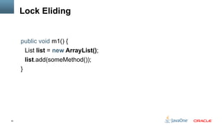40
Lock Eliding
public void m1() {
List list = new ArrayList();
list.add(someMethod());
}
 