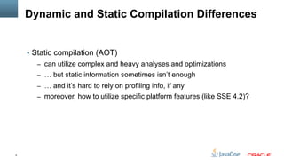 5
Dynamic and Static Compilation Differences
§  Static compilation (AOT)
–  can utilize complex and heavy analyses and optimizations
–  … but static information sometimes isn’t enough
–  … and it’s hard to rely on profiling info, if any
–  moreover, how to utilize specific platform features (like SSE 4.2)?
 