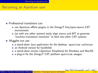 Becoming an Apertium user
Becoming an Apertium user
Professional translators can:
use Apertium oine plugins in the OmegaT ...
