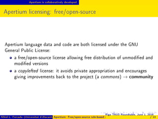 Apertium is collaboratively developed
Apertium licensing: free/open-source
Apertium language data and code are both licens...