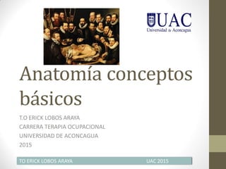 Anatomía conceptos
básicos
T.O ERICK LOBOS ARAYA
CARRERA TERAPIA OCUPACIONAL
UNIVERSIDAD DE ACONCAGUA
2015
TO ERICK LOBOS ARAYA UAC 2015
 