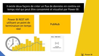 Il existe deux façons de créer un flux de données en continu en
temps réel qui peut être consommé et visualisé par Power BI:
Power BI REST API
utilisant un point de
terminaison en temps
réel
PubNub
 