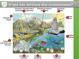 J2 O que são serviços dos ecossistemas?
Produção de
energia
?
Transporte, armazenamento e
fornecimento de água limpa?
Produção de madeira e
de oxigénio?
Controlo de
pragas?
Controlo
do clima?
Atividades
recreativas?
Produção de
alimentos
?Polinização
das plantas
?Reciclagem de
nutrientes
?
Produção de
solos férteis e de
alimentos
?
A
B
C
D
E
F
G
H
I J
 