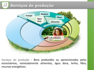 J2 Serviços de produção
Produção
Água
doce Alimentos
Energia
Madeira
Fibras
Serviços de produção - Bens produzidos ou aprovisionados pelos
ecossistemas, nomeadamente alimentos, água doce, lenha, fibra,
recursos energéticos.
 