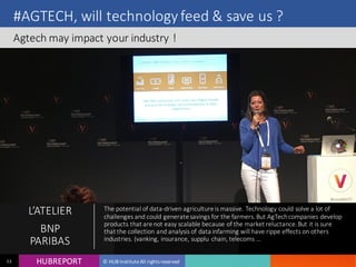 HUB REPORTHUBREPORT © HUB Institute All rights reserved13
#AGTECH, will technology feed & save us ?
Agtech may impact your industry !
L’ATELIER
BNP
PARIBAS
The potential of data-driven agriculture is massive. Technology could solve a lot of
challenges and could generate savings for the farmers. But AgTech companies
develop products that are not easy scalable because of the market reluctance.
But it is sure that the collection and analysis of data infarming will have rippe
effects on others industries. (vanking, insurance, supplu chain, telecoms …
 