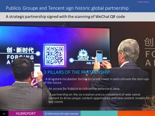 HUB REPORT
Bonjour je m’appelle Charlotte
HUBREPORT © HUB Institute All rights reserved14
Publicis Groupe and Tencent sign historic global partnership
A strategic partnership signed with the scanning of WeChat QR code
TENCENT PUBLICIS
3 PILLARS OF THE PARTNERSHIP
- A drugstore incubation facility to curate invest in and cultivate the
start-ups of the future.
- An access for Publicis to rich online behavioral data,
- A partnership on the co-creation and co-investment of web native
content to drive unique content opportuities and new content
models for key clients
 