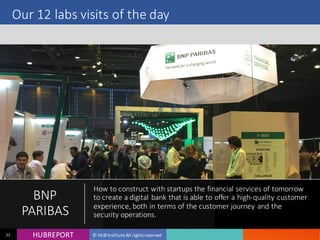 HUB REPORTHUBREPORT © HUB Institute All rights reserved22
Our 12 labs visits of the day
BNP
PARIBAS
How to construct with startups the financial services of
tomorrow to create a digital bank that is able to offer a high-
quality customer experience, both in terms of the customer
journey and the security operations.
 